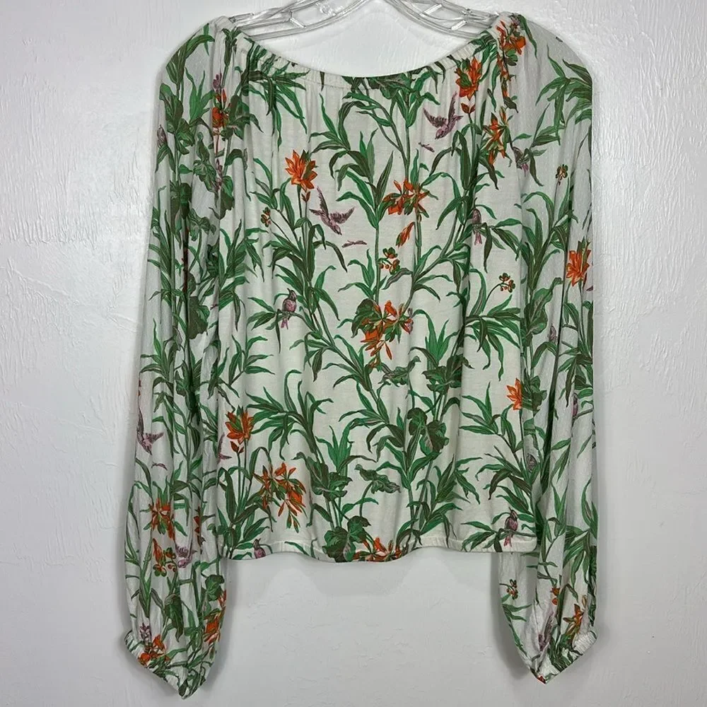 ANTHROPOLOGIE Cascais Tropical Floral Bird Off The Shoulder Puff Sleeve Top XS